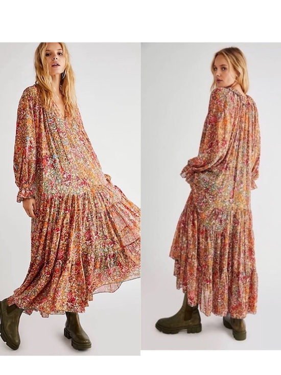 Free People Dresses & Skirts - Free People Feeling Groovy Floral Tiered Boho Sheer Long Sleeve  Maxi Dress  XL